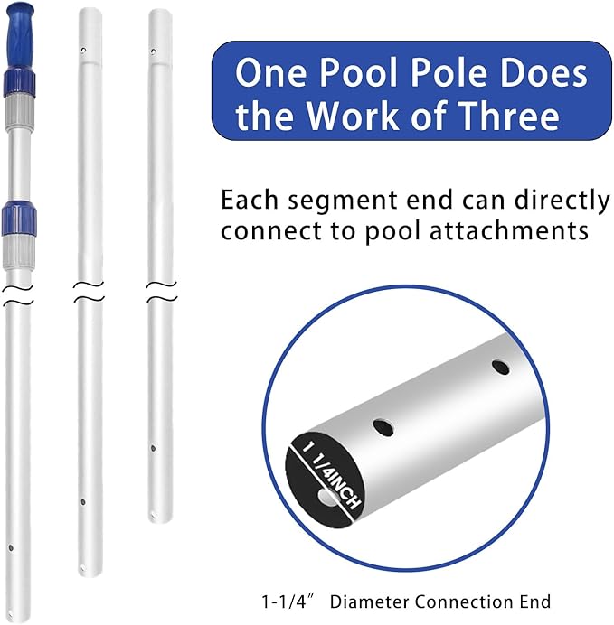 Poolvio 15 FT Telescopic Pool Pole - Adjustable 3 Piece Aluminum Pool Skimmer Pole for Pool Cleaning Skimmer Nets Vacuum Heads &amp Brushes Strong Grip &amp Lock