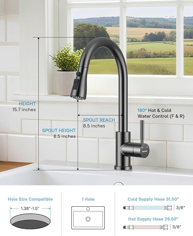 WEWE Kitchen Faucet with Pull Down Sprayer and Soap Dispenser Matte Gray High Arc Single Handle Stainless Steel Sink Faucet Suitable for Farmhouse RV &amp Laundry