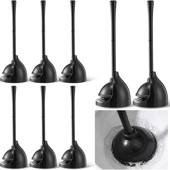 8 Pack Toilet Plunger with Holder 21.5-Inch Commercial Grade Heavy-Duty Plunger Set with Storage Base Professional Bathroom Maintenance Tool Black