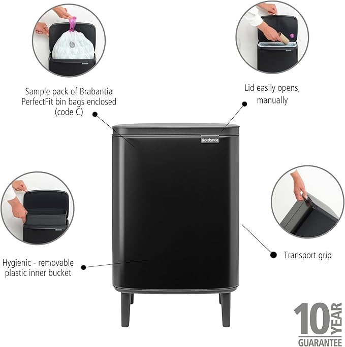 Brabantia Bo Small Lift-Open Trash Can with Raised Legs | 3.2 Gal / 12L | Matt Black | Free Standing Bedroom Bathroom Nursery Trash Can Removable Inner Bucket Non-Slip Feet | + Trash Bags