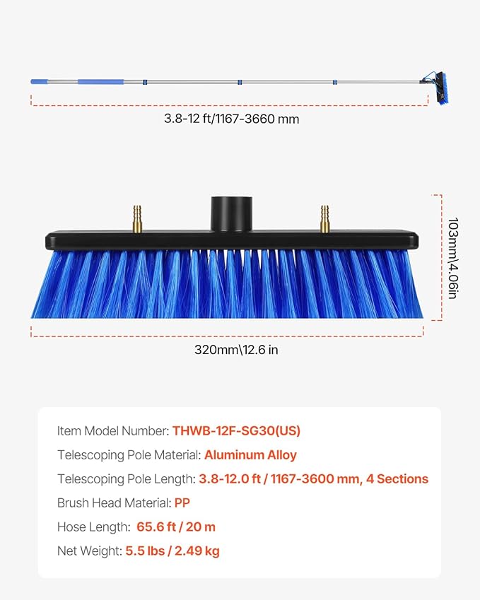 VEVOR Water Fed Pole Kit 12FT Solar Panel Cleaning Pole with Extendable Handle 180° Rotatable Brush Head &amp 65.6FT Hose Household &amp Outdoor Window Cleaner Tool for Caravan Solar Panel Deck