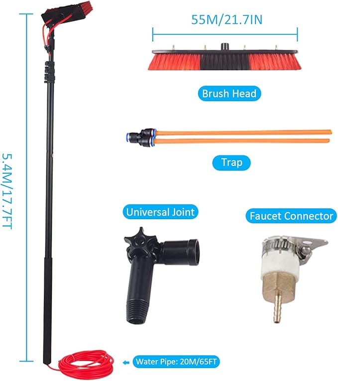 Telescopic Water Fed Window Cleaning Pole with Adjustable Brush Head Extendable Window Cleaner Tool Solar Panel Cleaning (5.4M)