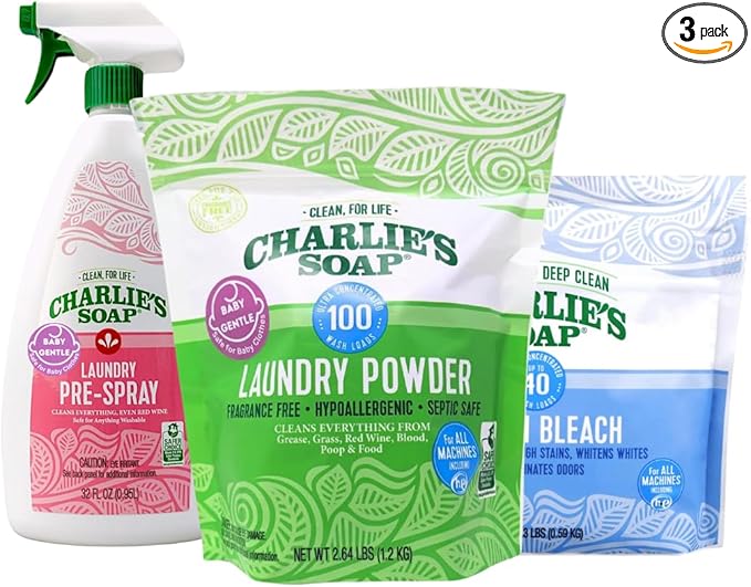 Charlie’s Soap Baby Variety Pack Pre Spray 32 Oz Laundry Powder (100 Load) &amp Baby Oxi Bleach Bundle (Pack of 3)