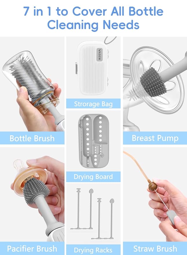 Electric Baby Bottle Brush Cleaner for Travel – BPA-Free Silicone One-Button 360° Deep Cleaning 2000mAh Rechargeable Portable Bottle Cleaning Kit with Storage Box for Home &amp On-The-Go (Grey)