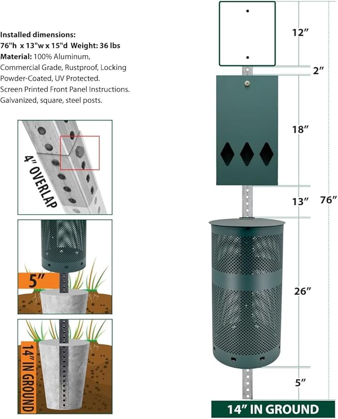 ZERO WASTE USA - Rust Proof Aluminum Dog Waste Station - Free 400 Waste Roll Bags &amp 25 can Liners - 10-Year Warranty - Over 500k Sold in USA (Green)