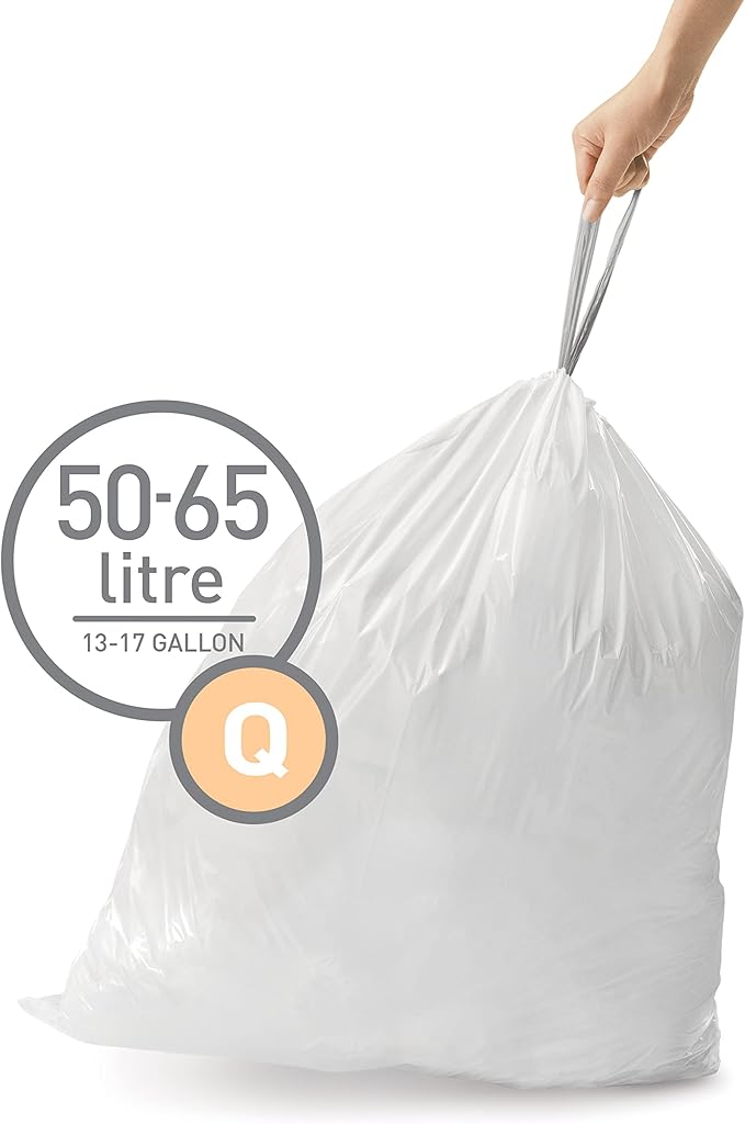 simplehuman Code Q 100 Count Dispenser Pack Custom Fit Liners Drawstring Trash Bags 50-65 Liter / 13-17 Gallon White