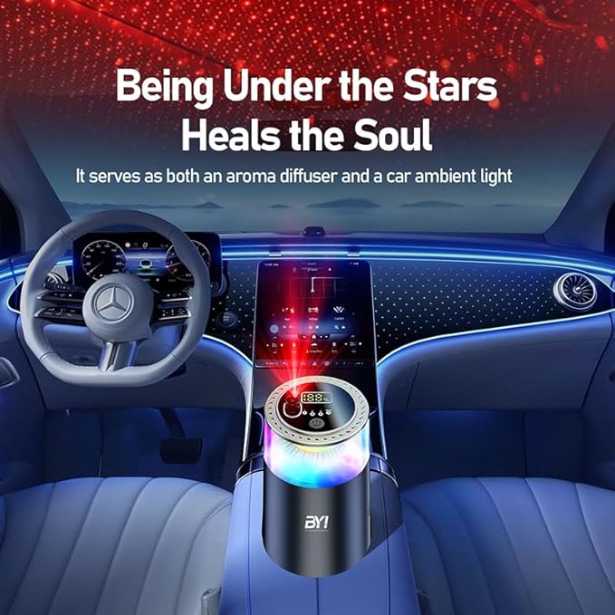 Smart Car Air Freshener with RGB Ambient Light Galaxy Cloud Mist Auto On/Off Built-in Battery Car Aroma Diffuser Home Office (4 Essential Oil Box) Long-Lasting Scent