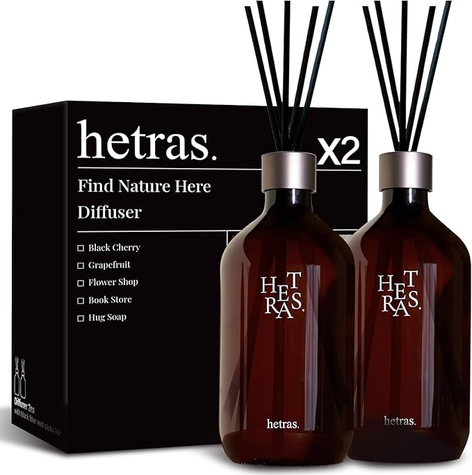 hetras Premium Reed Diffuser Set 16.9 fl.oz. 2 Pack | Hug Soap - Musk &amp Tonka Scent | Long-Lasting Luxury Fragrance with 10 Reed Sticks for Home &amp Office | Gifts for Loved One