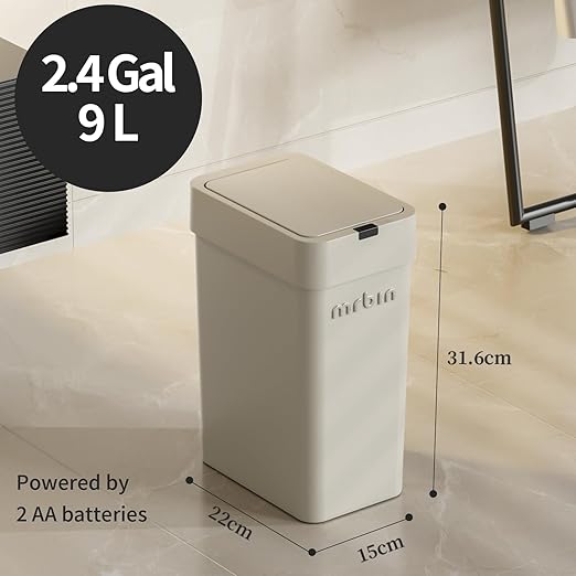 MRBIN Motion Sensor Bathroom Trash Can with Lid 9L/2.4gal Automatic Plastic Slim Covered Electric Waste Basket Narrow Rectangle Garbage Bin Under Desk for Small Office Bedroom Kitchen Rv Gray