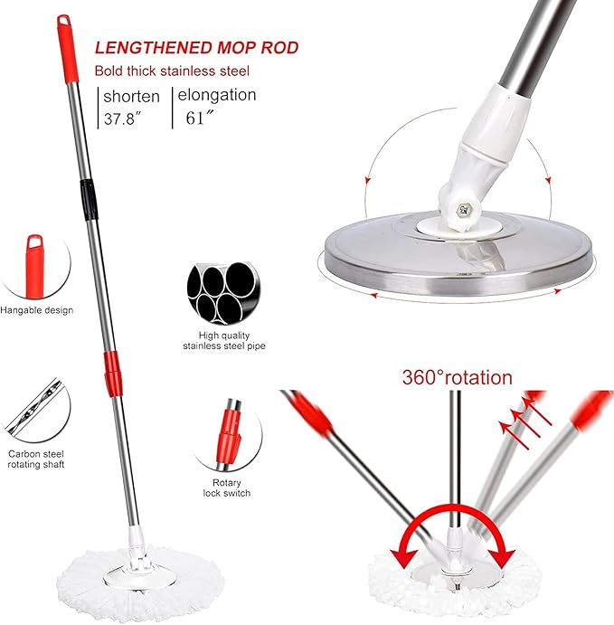 Spin Mop and Bucket with Wringer Set360° Spin Mop and Bucket System with 3 Replaceable Microfiber Mop 61 Handle Household Cleaning Tools for Wet and DrySet of 2