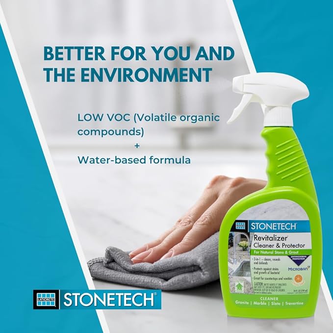 StoneTech Revitalizer Cleaner and Protector | Natural Stone Cleaner | Marble Quartz Granite Countertop Cleaner | 3-in-1 Cleans and Reseals | 2-Pack 24 oz Spray + Microfibers Citrus Scent