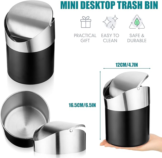 2 Pcs Desk Trash Can with Swing Lids 12 Rolls of Trash Bags 2L Brushed Stainless Steel Countertop Garbage Bin Small Wastebasket with Lid for Office Desk Coffee Table(Matte Black)