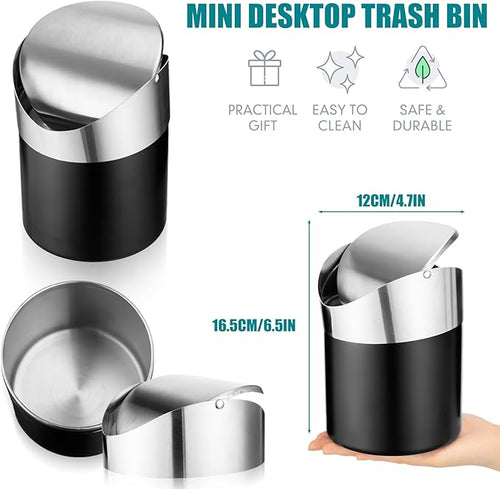 2 Pcs Desk Trash Can with Swing Lids 12 Rolls of Trash Bags 2L Brushed Stainless Steel Countertop Garbage Bin Small Wastebasket with Lid for Office Desk Coffee Table(Matte Black)