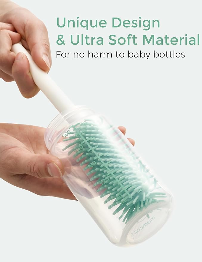 Momcozy Bottle Brush Set - Baby Bottle Cleaner Kit with Silicone Brush Nipple Brush Straw Brush Soap Dispenser Drying Rack - 7 in 1 Bottle Cleaning Tool for Home and Travel Green (Pack of 2)