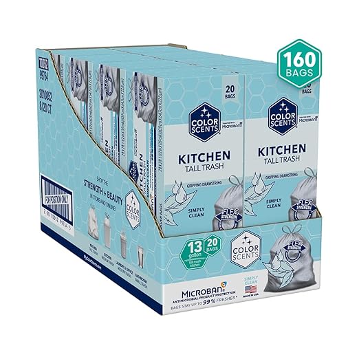 Color Scents Tall Kitchen Trash Bags -13 Gallon 160 Total Bags (8 Packs of 20 Count) Drawstring - Silver bag in Simply Clean Scent with Microban