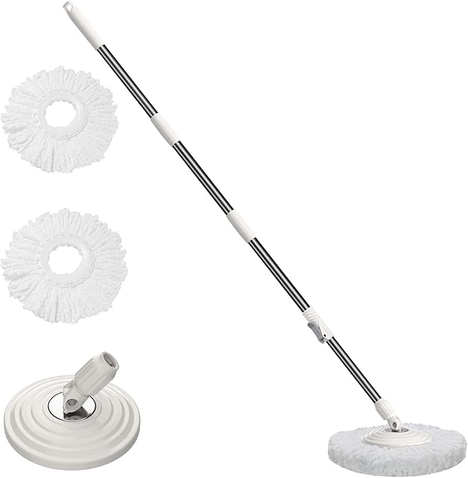 Stainless Steel Extendable Mop Handle with 2 Microfiber Replacement Heads &amp 360° Rotating Base Plate — Fits Standard Mop Buckets -White