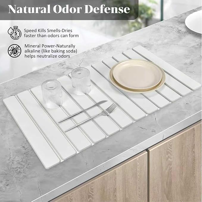 Large Stone Dish Drying Mats for Kitchen Counter 28(L)×16(W) Fast Drying Collapsible Dish Drying Mat Eco-Friendly Absorbent Diatomaceous Earth Mats for Dishes Bottles Cups Match Any Countertop