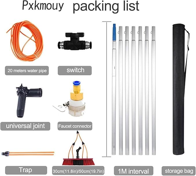 Window Cleaning Telescopic Pole Window Cleaning Kit Window Cleaning Water Fed Poles Roof Cleaning Tools with 20M Water Supply Pipe Solar Panel Cleaning Brush(30cm Head20FT/6M)