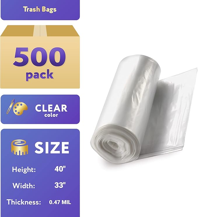 APQ Outdoor Trash Bags Large 33 x 40 Pack of 500 Clear Trash Can Liners Thin 0.47 Mil Polyethylene Big Garbage Bags Unscented Leakproof Waste Basket Bags 33 Gallons Kitchen Waste Basket Liner