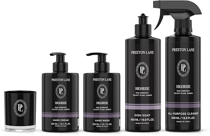 Preston Lane Signature Home Set – All Purpose Cleaner Dish Soap Hand Wash Hand Cream &amp Scented Candle | Plant-Powered Cleaning &amp Care Essentials with Fine Italian Fragrance Highrise