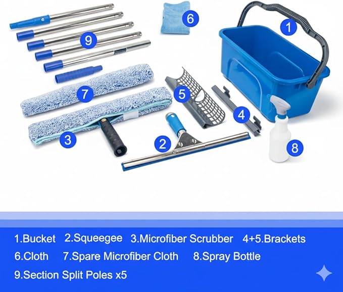 Window Cleaning Kit with 6ft Long Handle 3 Gallon Bucket14 Squeegee15 Microfiber ScrubberSpray Bottle ClothProfessional Window Washing Equipment Cleaner Tool for Outdoor Commercial Household