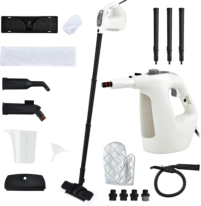 COSTWAY Handheld MultiPurpose Steam Cleaner with 17 Pieces 350ml Large Capacity Steam Mop Continuous Fill water Portable Chemical-Free Steamer for Home Use Floors Windows 1400W Grey