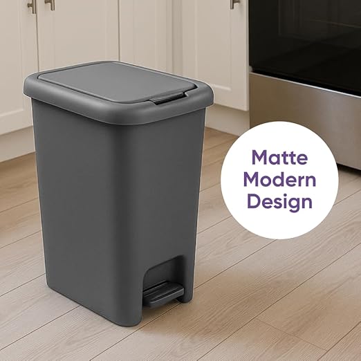 Superio 6.5L Slim Step &amp Push Trash Can - Dual Opening Smooth Matte Finish Durable Plastic (9.5x7x11.5) - Gray