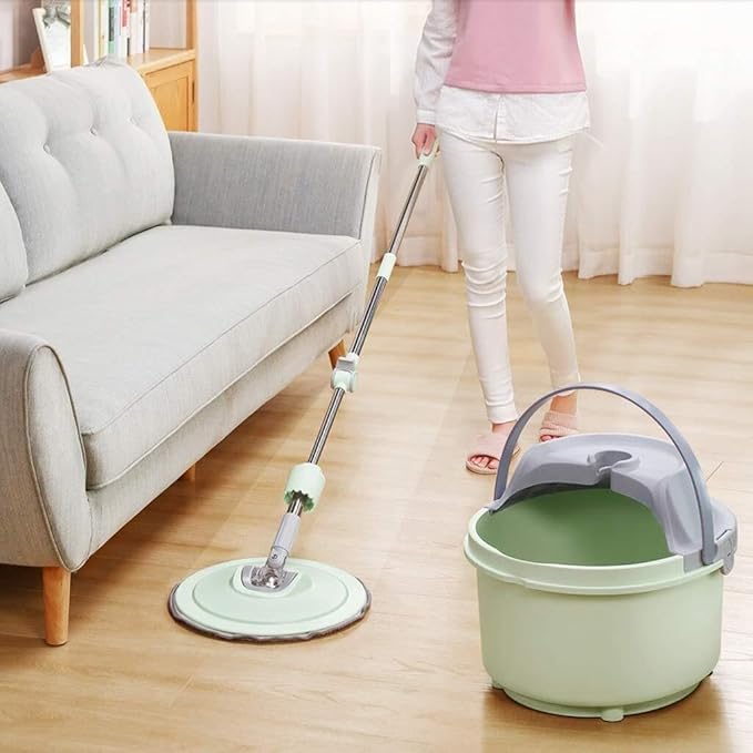Hands-Free Rotating Flat Mop Set with Single Bucket Self-Wringing Mop for Household Use Microfiber Cleaning Head Ideal for Floors Tiles and Glass (Light Green)