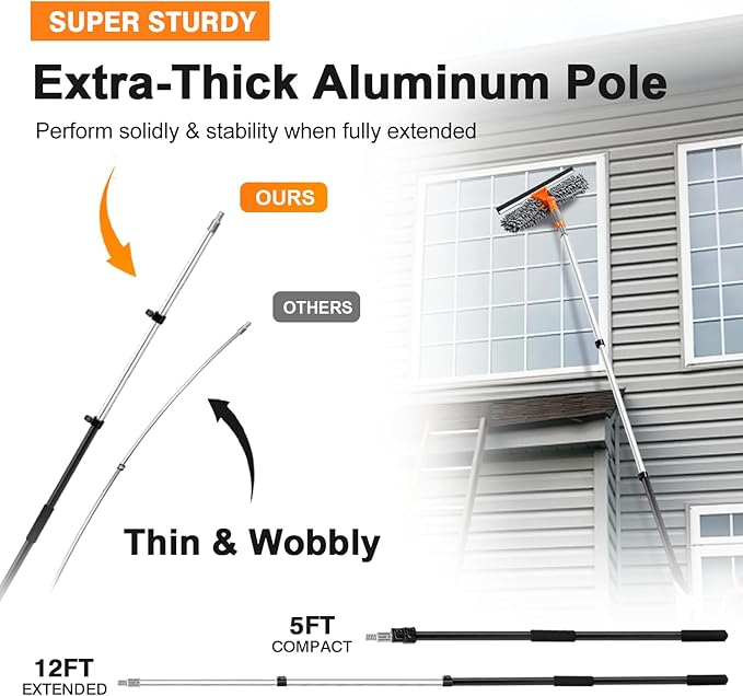 20 Ft High Reach Window Squeegee with 5-12Ft Extra-Thick Aluminum Telescopic Extension Pole| 14 Extra-Large 2-in-1 Window Cleaner Tool| Window Washer for Indoor/Outdoor WindowRVTruck Glass