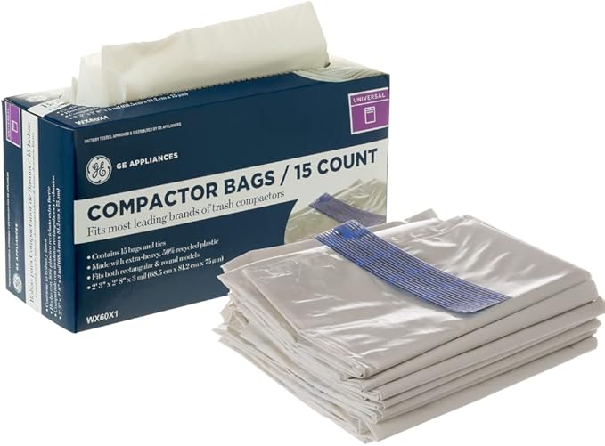 Universal 18 Gallon Heavy Duty Trash Compactor Bags 2 Pack WX60X1-2PK Fits 15 inch Compactors Compatible with Kitchenaid Kenmore Whirlpool GE Appliances and most 15 inch Garbage Cans