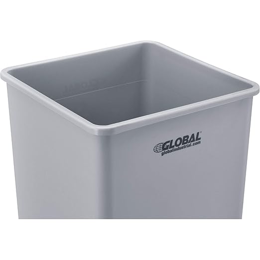 Global Industrial Square Plastic Garbage Can Open Top 55 Gallon Capacity Indoor/Outdoor Rated 19-1/2W x 19-1/2D x 34H Utility Trash Can No Lid Gray