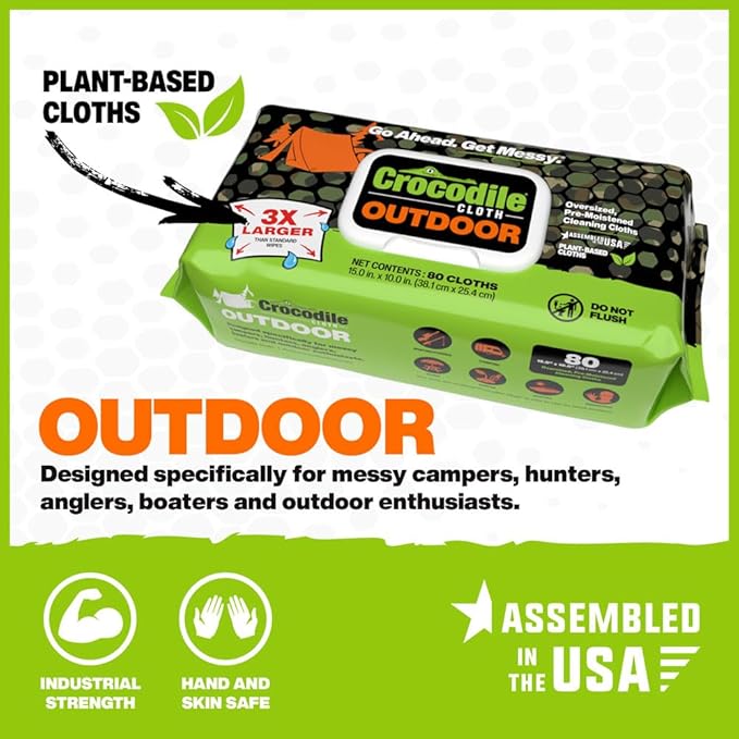Crocodile Cloth Outdoor Cleaning Wipes – 80 Count Plant-Based Cloths (15x10) Skin Safe Pre-Moistened Aloe &amp Vitamin E Infused Large Absorbent Multi-Surface Disposable Wipes