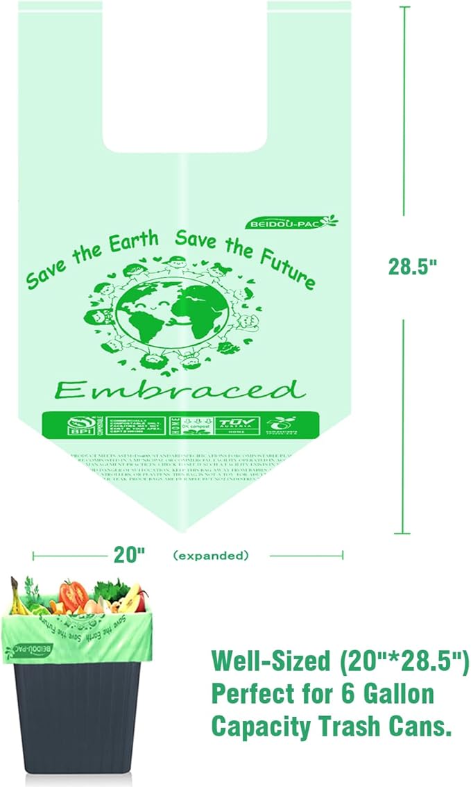 4-6 Gallon Compostable Trash Bags 75 Count Kitchen Compost Bags With Handle Sturdy Biodegradable Garbage for Food Scrap Waste ASTM D6400 US BPI Certified