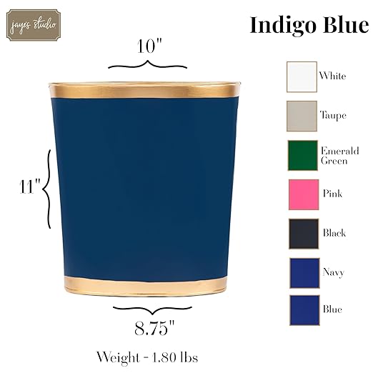 Jaye's Studio Mattie Line Oval Wastebasket &amp Garbage Bin Gold Trim &amp Finish Hand-Painted Handcrafted Metal Trash Bin for Bedroom Office Bathroom 12 x 10 x 8 (Indigo Blue)
