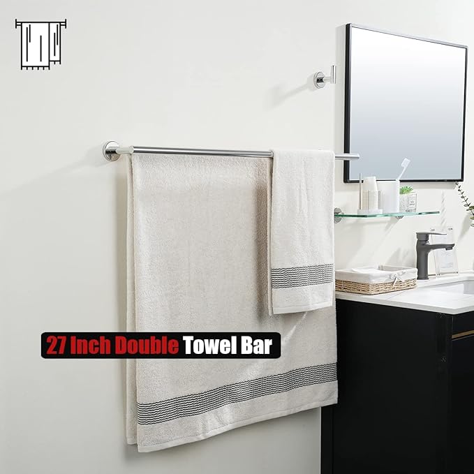 JQK Double Bath Towel Bar 30 Inch 304 Stainless Steel Thicken 0.8mm Towel Rack for Bathroom Towel Holder Polished Chrome Wall Mount Useable Length 27 Inch TB100L27-CH