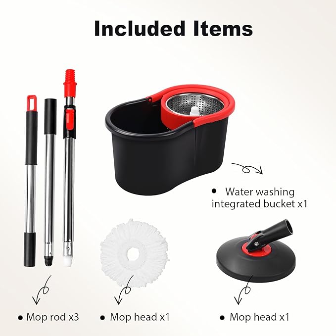 Spin Mop and Bucket Mop and Bucket with Wringer Set for Home 360 Spinning Mop Bucket Floor Cleaning Tool with 1 Microfiber Mop Replacement Head50 Stainless Steel Handle (Black-Includes 1 mop)