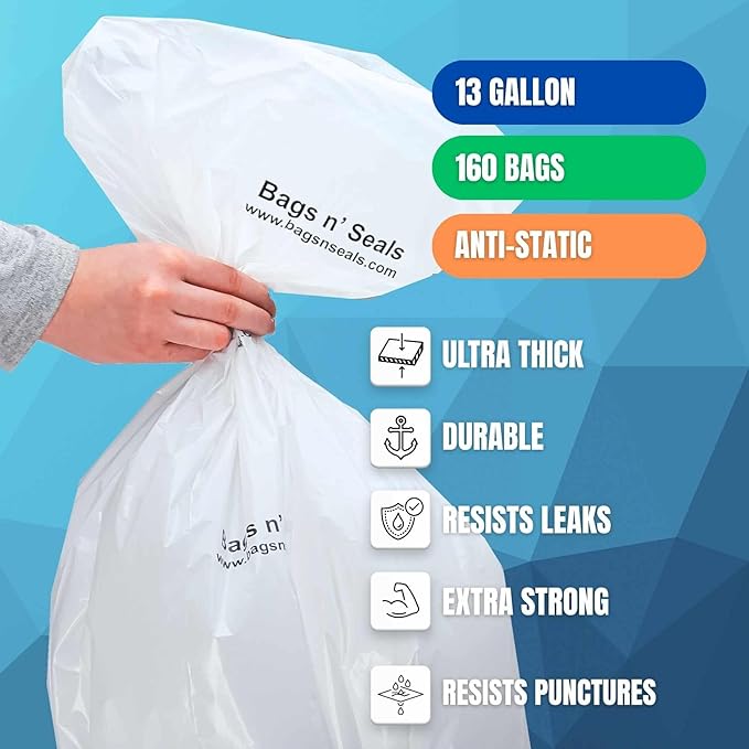 Bags n' Seals 13 Gallon Trash Bags 4-40 Count Tall Kitchen Trash Bag Rolls (160 Count) with Fresh Linen Scent Tear-Resistant 22 Micron Thickness Anti-Static Bags