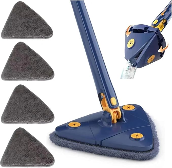 Triangle Cleaning Mop Telescopic 360° Rotatable Adjustable Microfiber with 4 Pads Floor Household Ceiling(Blue 3pcs Cloth)