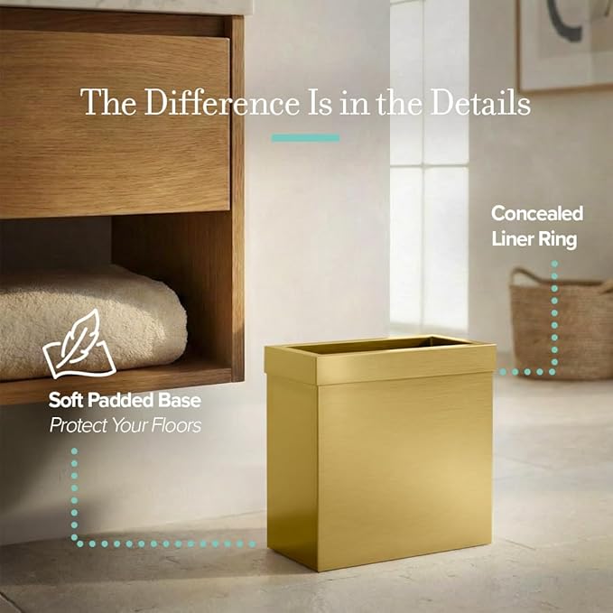 Gatco Modern Rectangle Wastebasket Brushed Brass - Stainless Steel Trash Can with Removable Lid Leakproof 3 Gallon Capacity for Bathroom Bedroom Kitchen or Office