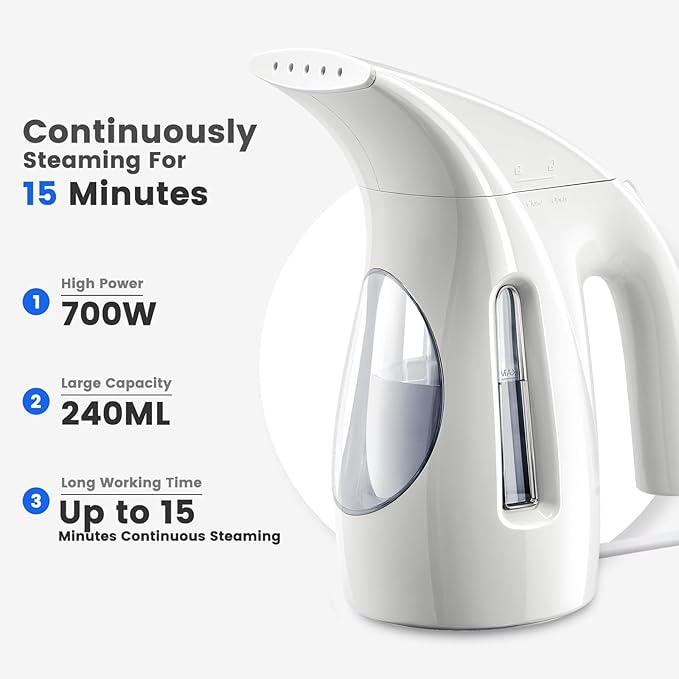 HiLIFE Steamer for Clothes Portable Handheld Design 240ml Big Capacity 700W Strong Penetrating Steam Removes Wrinkle for Home Office and Travel(ONLY FOR 120V)(White)