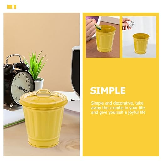 5pcs Mini Desktop Trash Cans with Lid 9cm Diameter Yellow Iron Tiny Garbage Bins Decorative Small Wastebaskets for Office Bedroom Living Room Storage