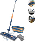 Large Flat Mop with Bucket with 6 Microfiber Pads Streamline Mop 360 Rotation Floor Mop Independent Liquid Tank and Drainage Scraper Thickened EVA Wiper Strip (Blue1)