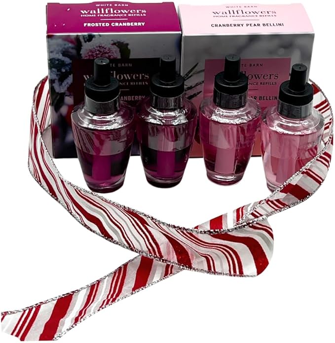 Bath &amp Body Works FROSTED CRANBERRY &amp CRANBERRY PEAR BELLINI Wallflowers Home Fragrance Refill 2pc bundle Gift Set with 30-Inch Red &amp White Candy Cane-Striped Holiday Ribbon Bow – Winter S