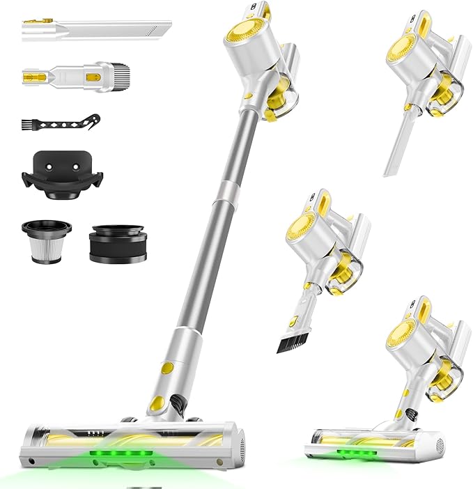 Cordless Vacuum Cleaner for Home Powerful Stick Vacuum with Rechargeable Battery Green Light Anti-Tangle Brush 6-in-1 Lightweight Handheld Vacuum for Pet Hair Hard Floor Carpet Yellow