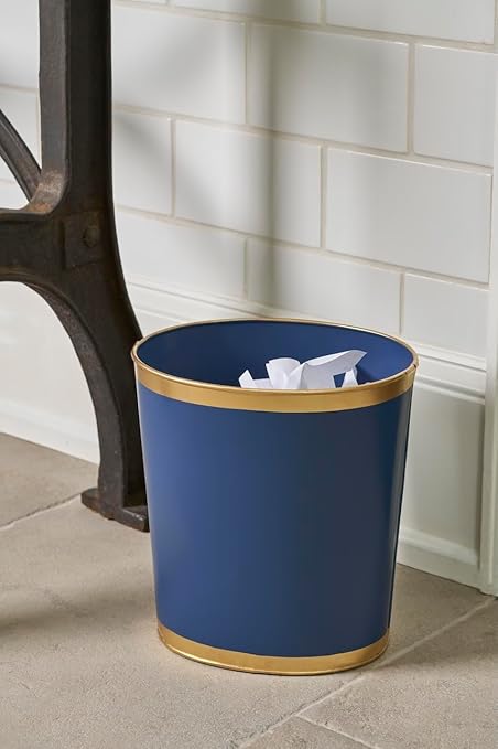 Jaye's Studio Mattie Line Oval Wastebasket &amp Garbage Bin Gold Trim &amp Finish Hand-Painted Handcrafted Metal Trash Bin for Bedroom Office Bathroom 12 x 10 x 8 (Indigo Blue)