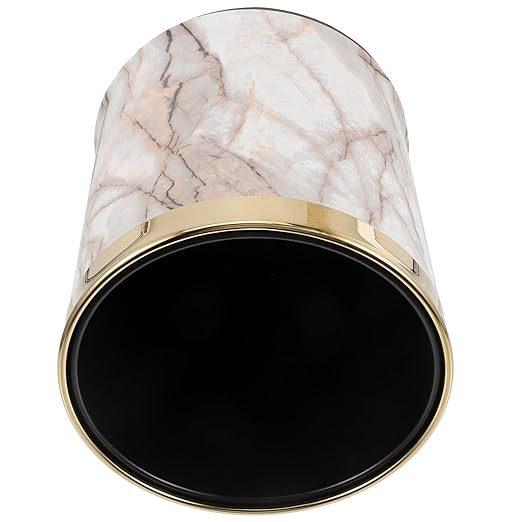 Cabilock Marble Pattern Wastebasket with Gold Ring Round Bathroom Trash Can Plastic Garbage Container for Home Living Room Office Use Sturdy Bathroom Waste Bin Plastic Waste Paper