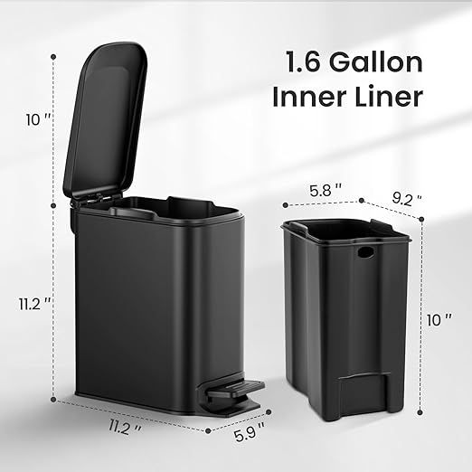 Cesun Small Bathroom Trash Can with Lid Soft Close Step Pedal 6 Liter / 1.6 Gallon Stainless Steel Garbage Can with Removable Inner Bucket Anti-Fingerprint Finish (Matt Black)