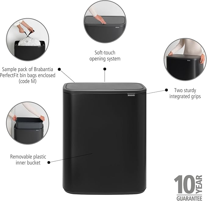 Brabantia Bo Touch Top Kitchen Trash Can with Single Compartment | Matt Black | 16 Gal Inner Bucket | Soft-Close Garbage Can Light Touch Opening Stay-Open Lid | Fits Against Wall | + Trash Bags