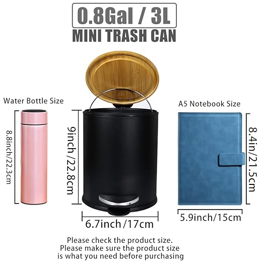 Mini Trash Can with Bamboo Lid Soft Close and Foot Pedal 0.8Gal / 3L Tiny Round Trash Can with Removable Plastic Inner Wastebasket for Bathroom Bedroom Powder Room Office Desk Car Black