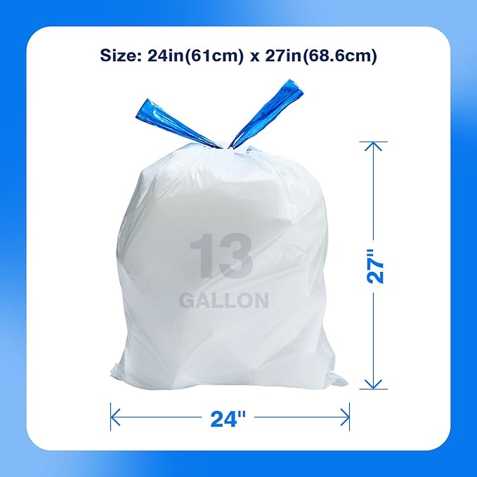 300 Count Tall Kitchen Drawstring Trash Bags 13 Gallon 100% Post-Consumer Recycled Commercial Garbage Bags GRS Compliant Unscented White